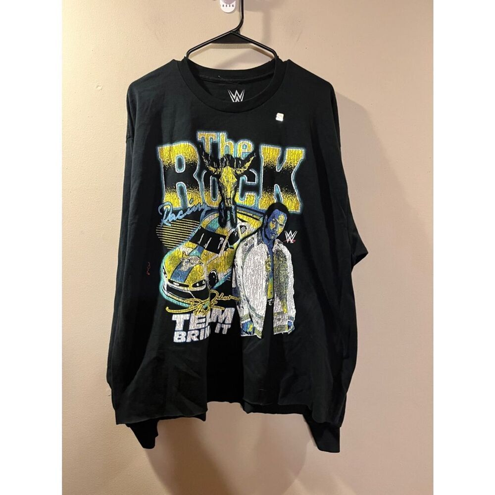 WWE Black Long Sleeve 'The Rock' Graphic Shirt with Yellow and Blue Accents